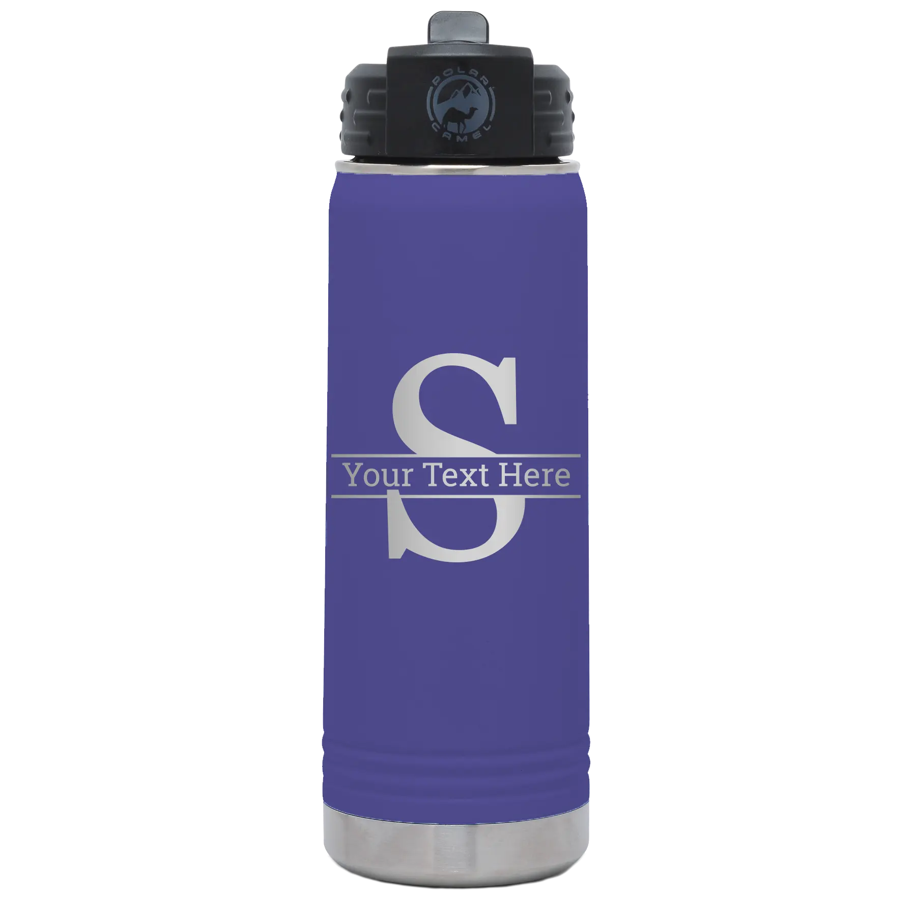 Personalized purple 20 oz vacuum insulated water bottle with 'Monogram letter S' design