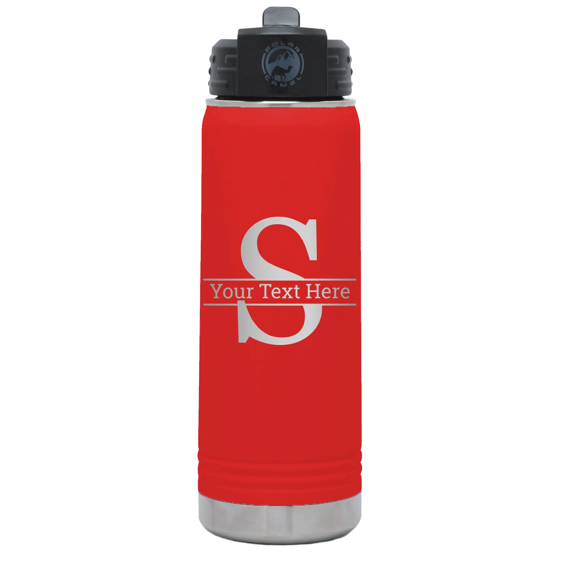 Personalized red 20 oz vacuum insulated water bottle with 'Monogram letter S' design