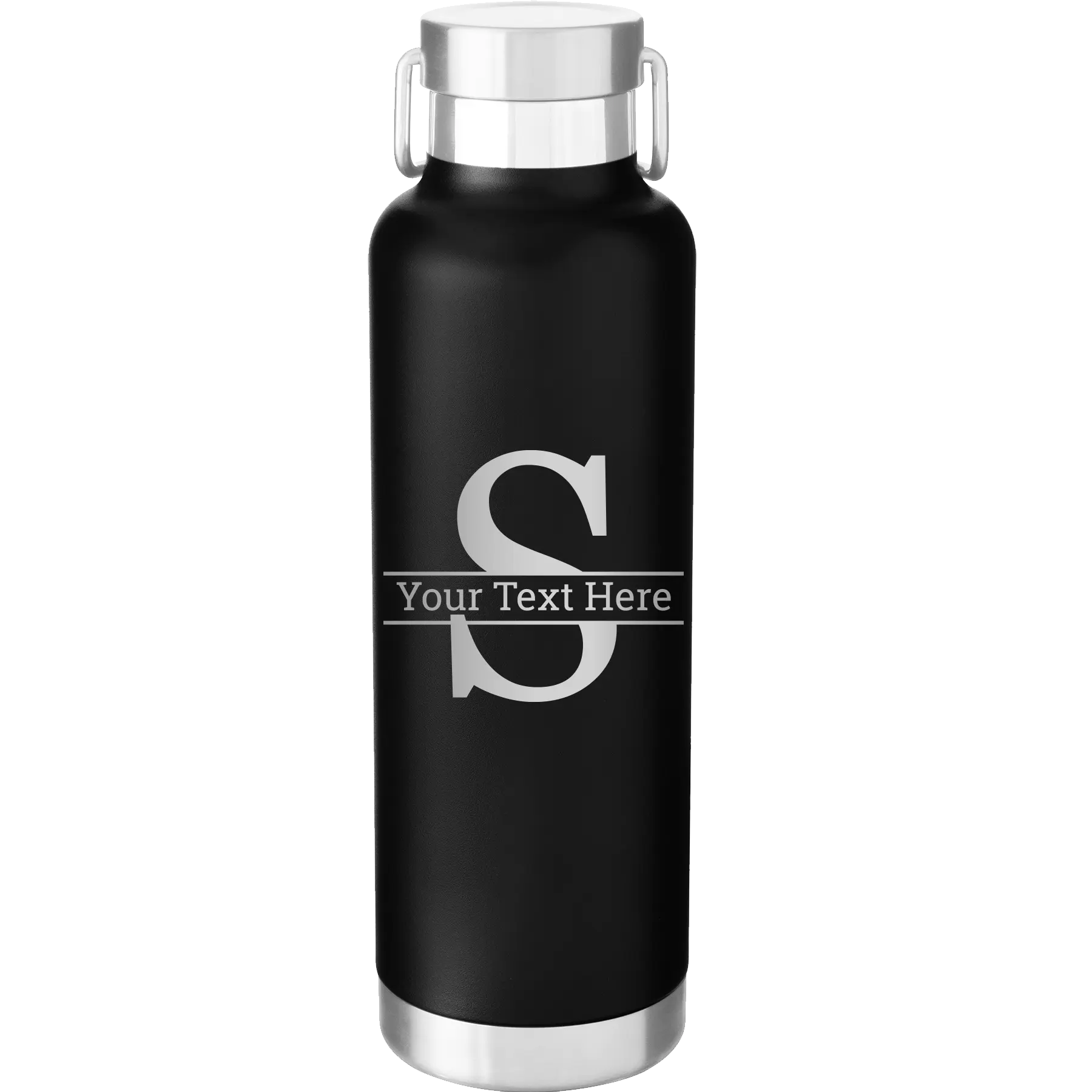 Personalized black 24 oz vacuum insulated water bottle with 'Monogram letter S' design