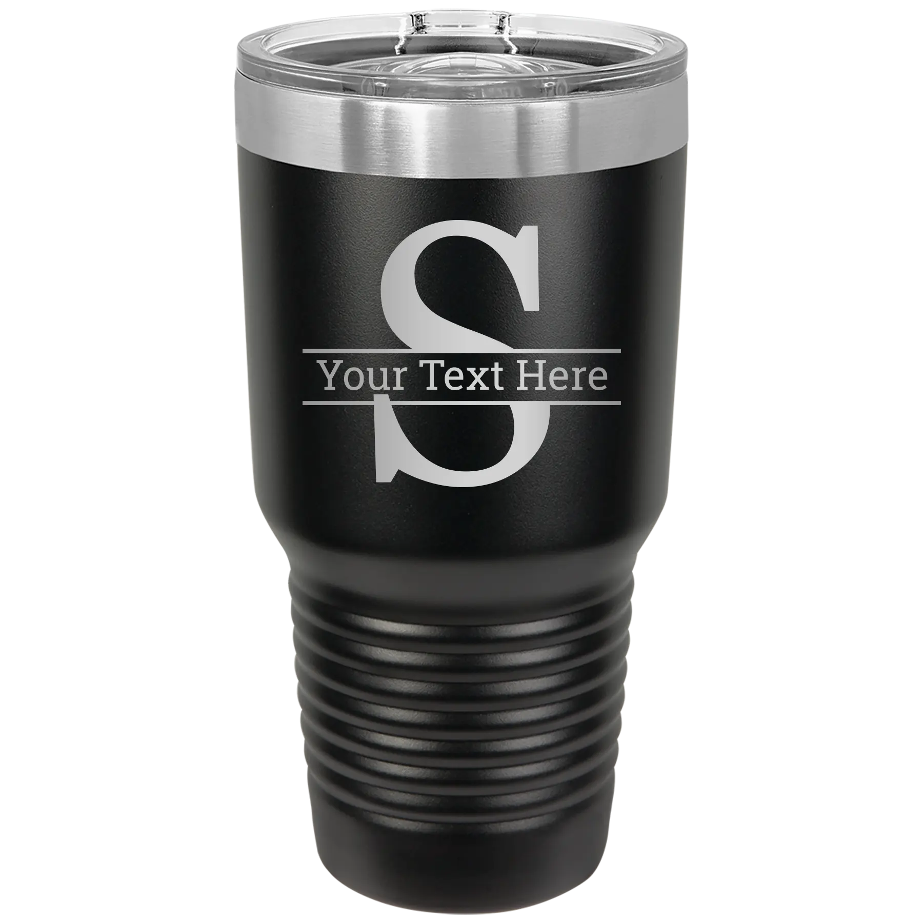 Personalized black 30 oz vacuum insulated tumbler with 'Monogram letter S' design