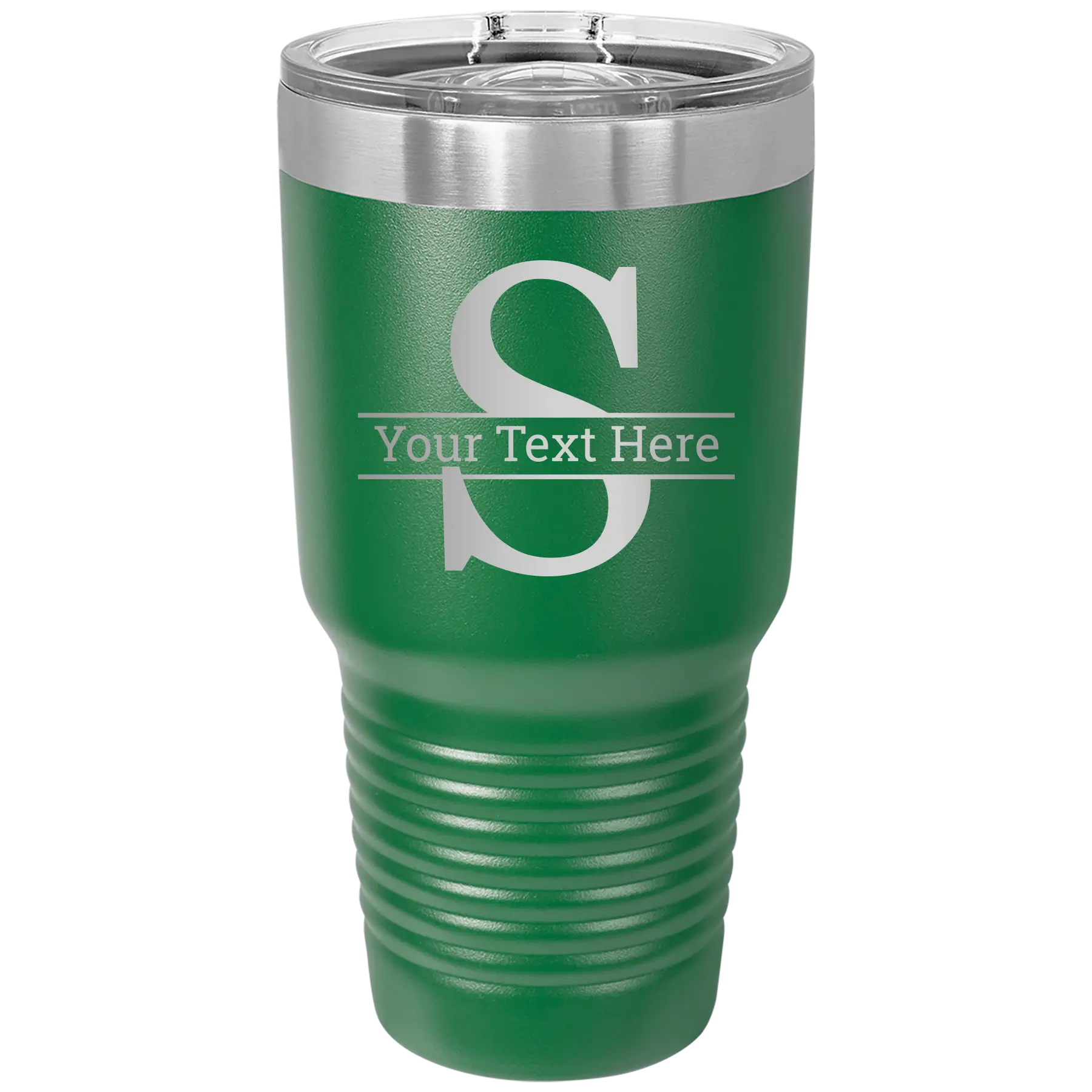 Personalized green 30 oz vacuum insulated tumbler with 'Monogram letter S' design