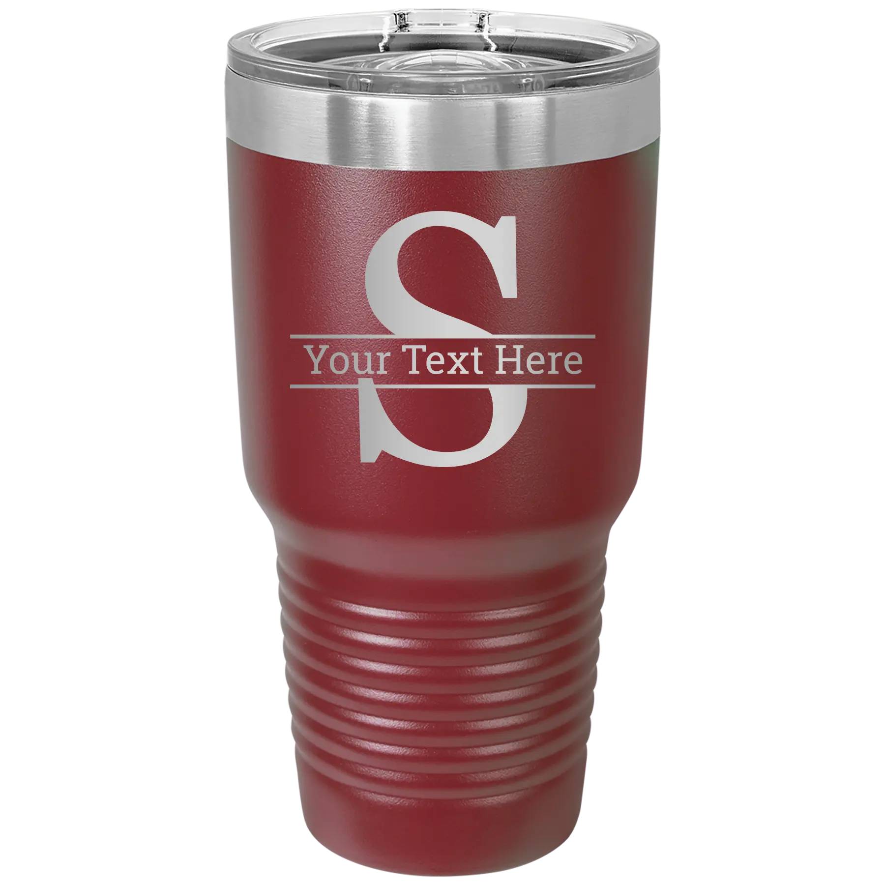 Personalized maroon 30 oz vacuum insulated tumbler with 'Monogram letter S' design