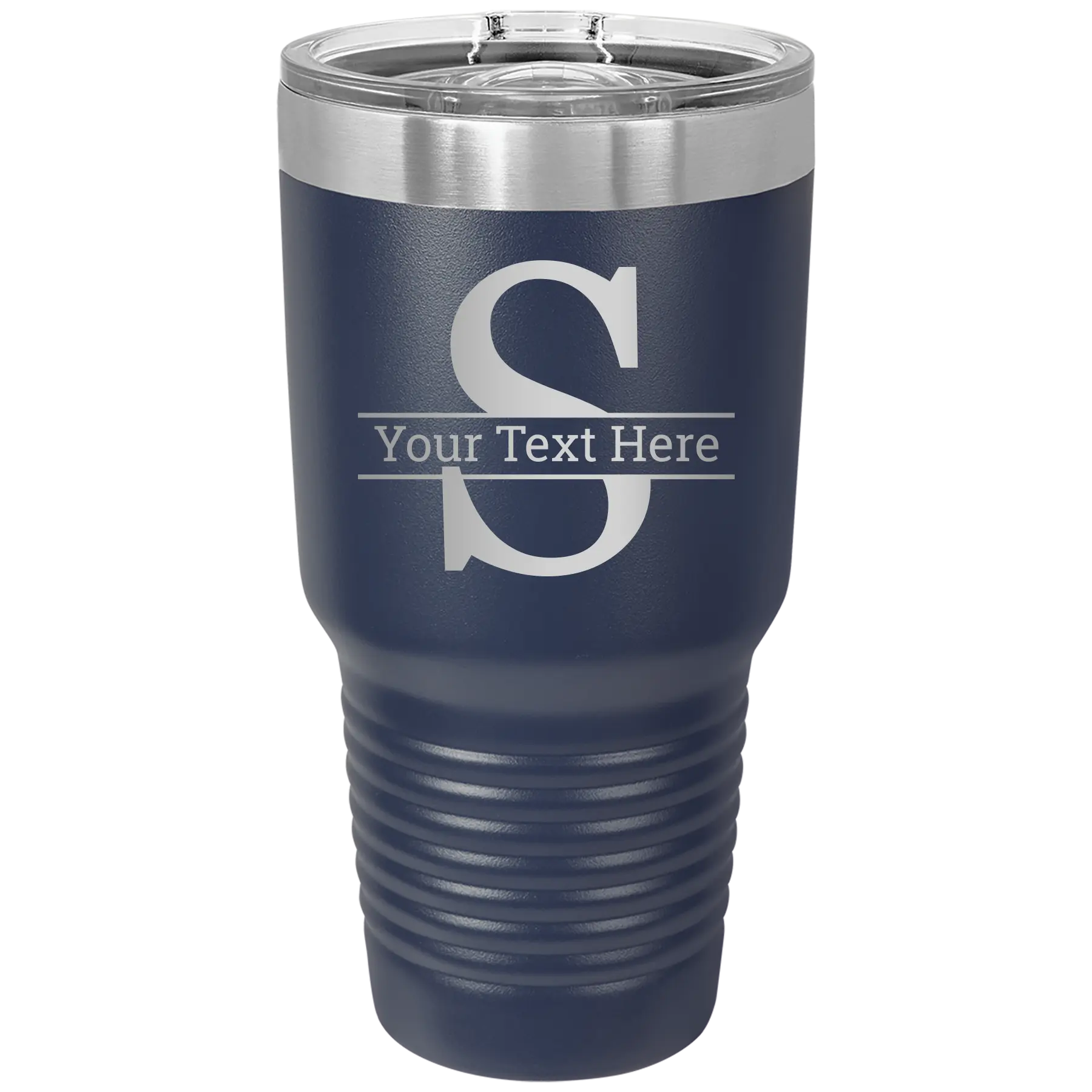 Personalized navy 30 oz vacuum insulated tumbler with 'Monogram letter S' design
