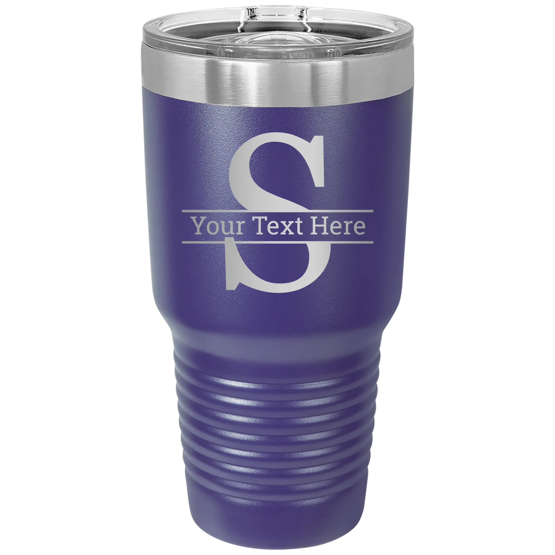 Personalized purple 30 oz vacuum insulated tumbler with 'Monogram letter S' design