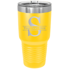 Personalized yellow 30 oz vacuum insulated tumbler with 'Monogram letter S' design