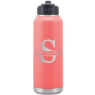 Personalized coral 32 oz vacuum insulated water bottle with 'Monogram letter S' design