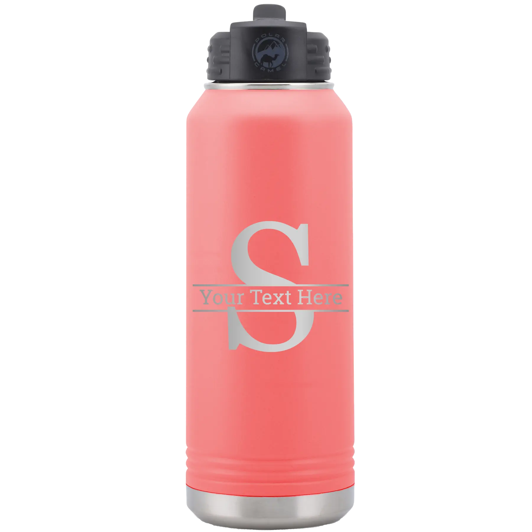Personalized coral 32 oz vacuum insulated water bottle with 'Monogram letter S' design