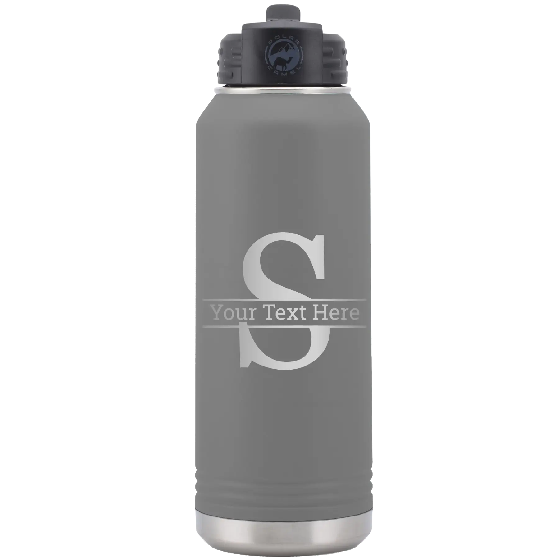 Personalized dark gray 32 oz vacuum insulated water bottle with 'Monogram letter S' design