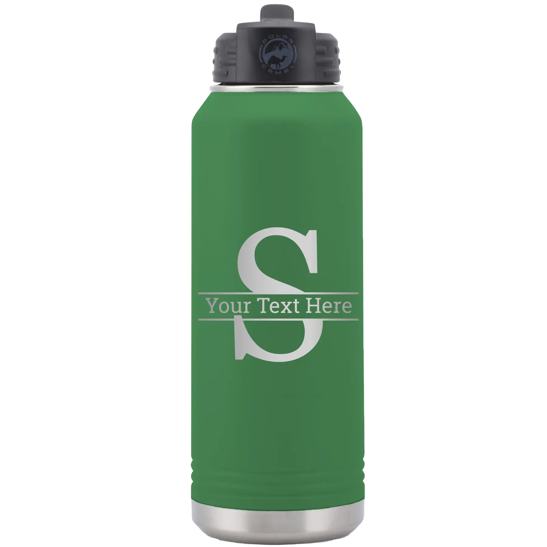 Personalized green 32 oz vacuum insulated water bottle with 'Monogram letter S' design