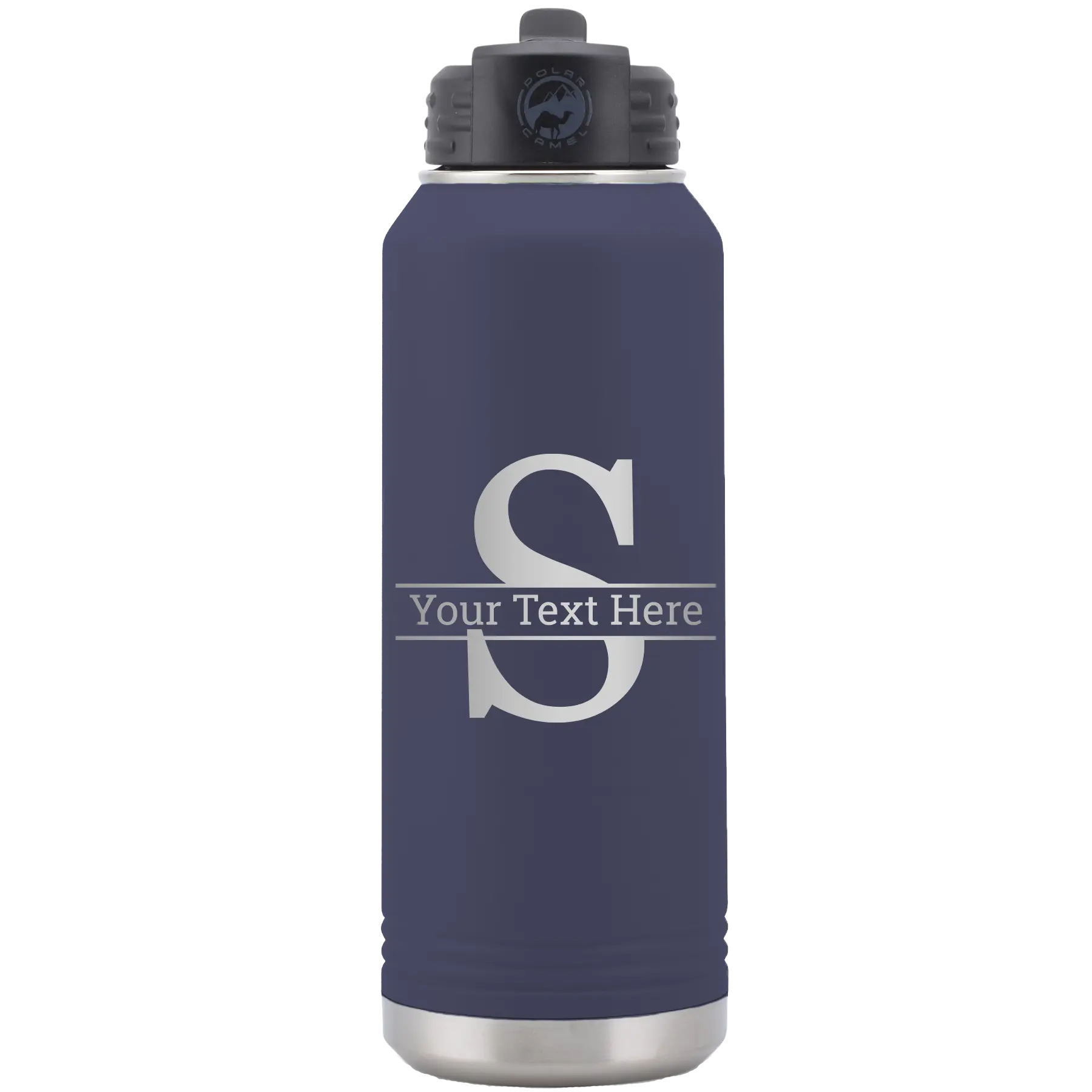 Personalized navy 32 oz vacuum insulated water bottle with 'Monogram letter S' design