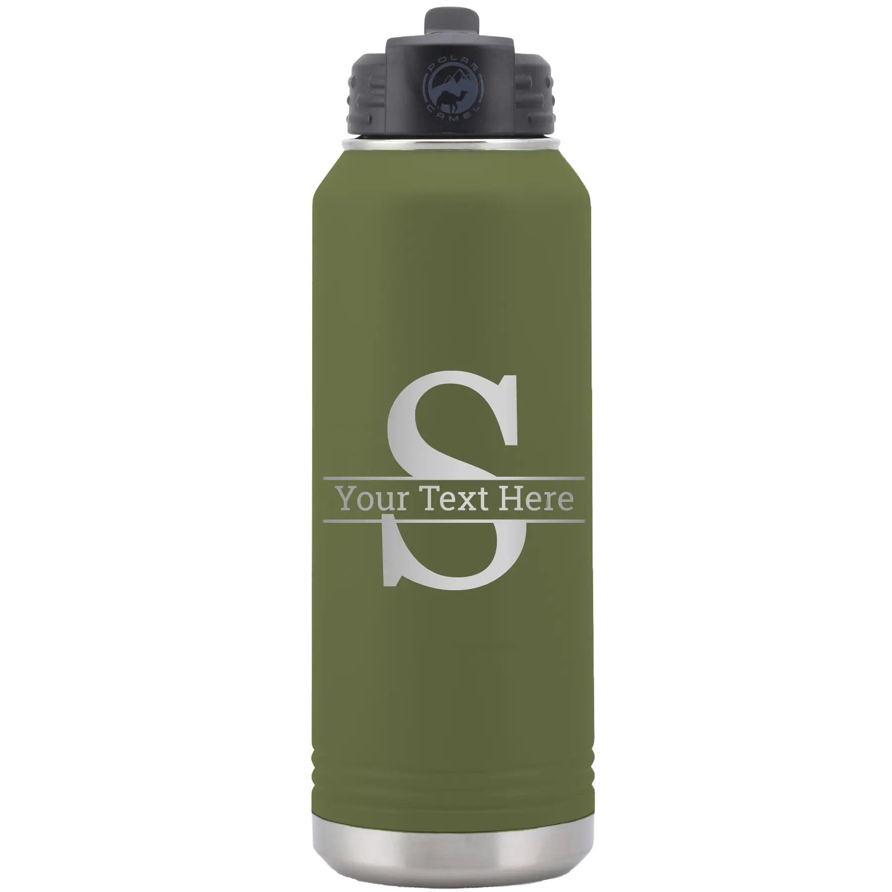Personalized olive green 32 oz vacuum insulated water bottle with 'Monogram letter S' design