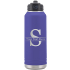 Personalized purple 32 oz vacuum insulated water bottle with 'Monogram letter S' design