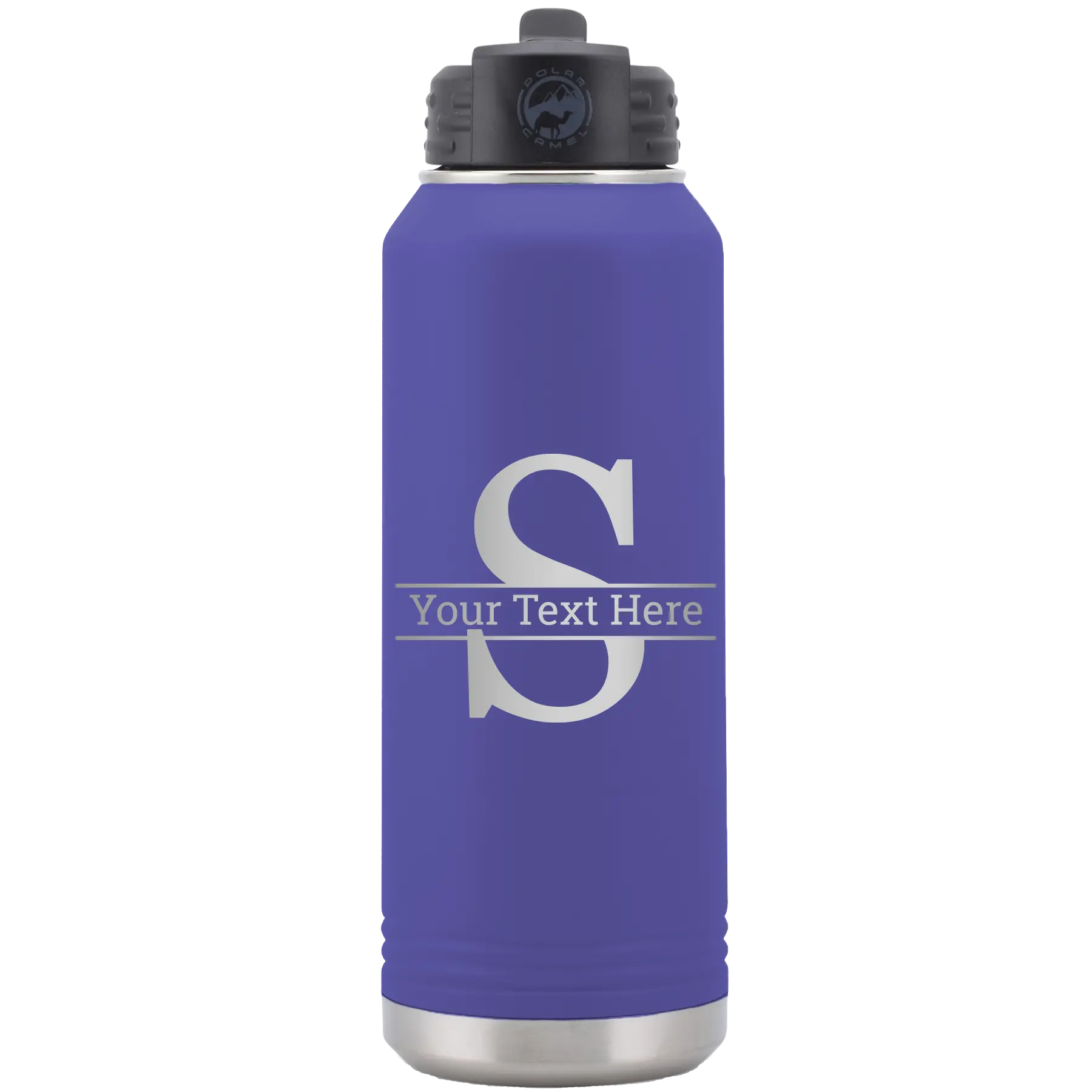 Personalized purple 32 oz vacuum insulated water bottle with 'Monogram letter S' design