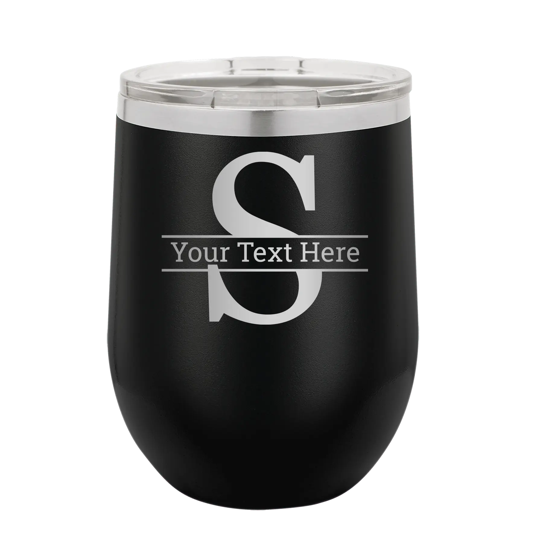 Personalized black 12 oz vacuum insulated wine cup with 'Monogram letter S' design
