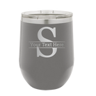 Personalized dark gray 12 oz vacuum insulated wine cup with 'Monogram letter S' design
