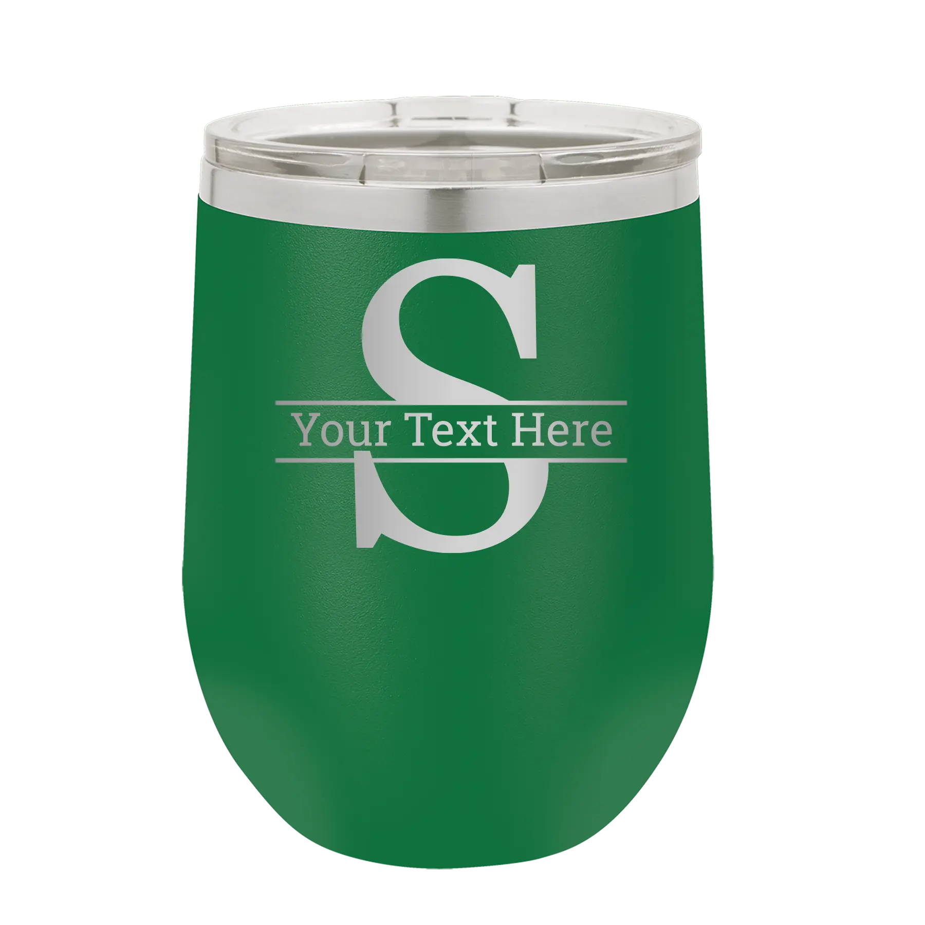 Personalized green 12 oz vacuum insulated wine cup with 'Monogram letter S' design