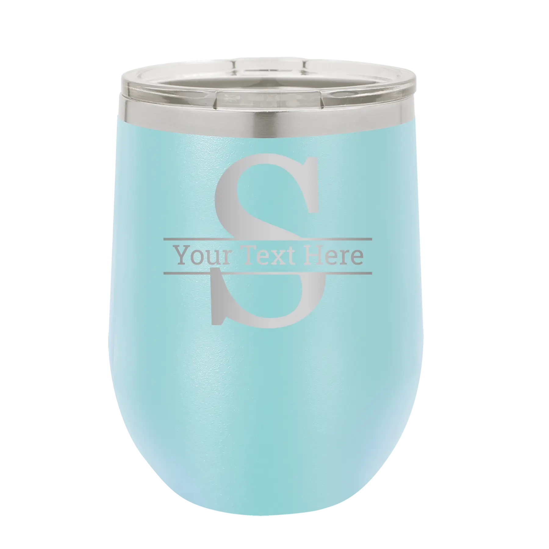 Personalized light blue 12 oz vacuum insulated wine cup with 'Monogram letter S' design