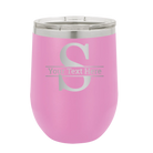 Personalized light purple 12 oz vacuum insulated wine cup with 'Monogram letter S' design