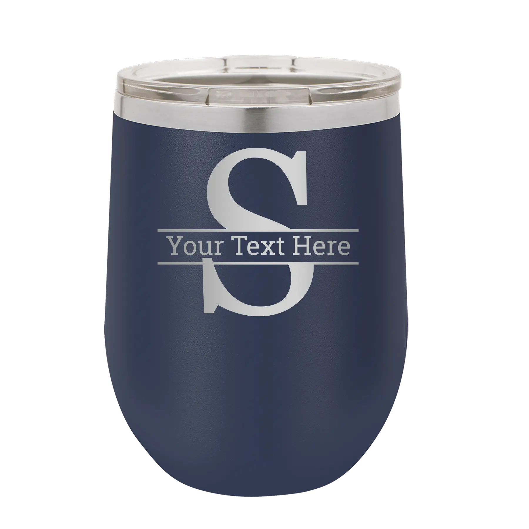 Personalized navy 12 oz vacuum insulated wine cup with 'Monogram letter S' design