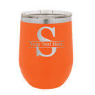 Personalized orange 12 oz vacuum insulated wine cup with 'Monogram letter S' design