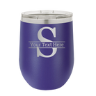 Personalized purple 12 oz vacuum insulated wine cup with 'Monogram letter S' design