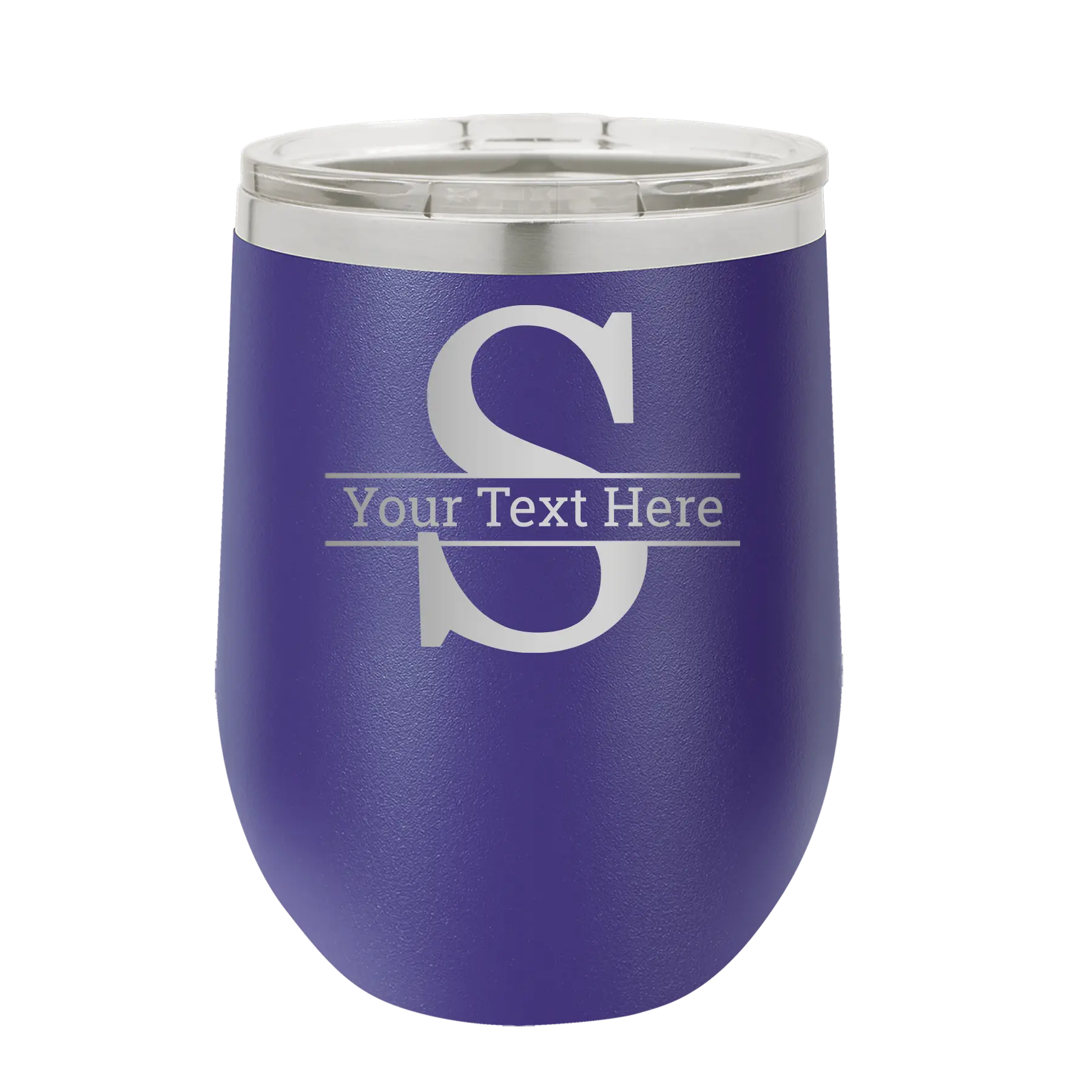 Personalized purple 12 oz vacuum insulated wine cup with 'Monogram letter S' design