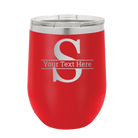 Personalized red 12 oz vacuum insulated wine cup with 'Monogram letter S' design