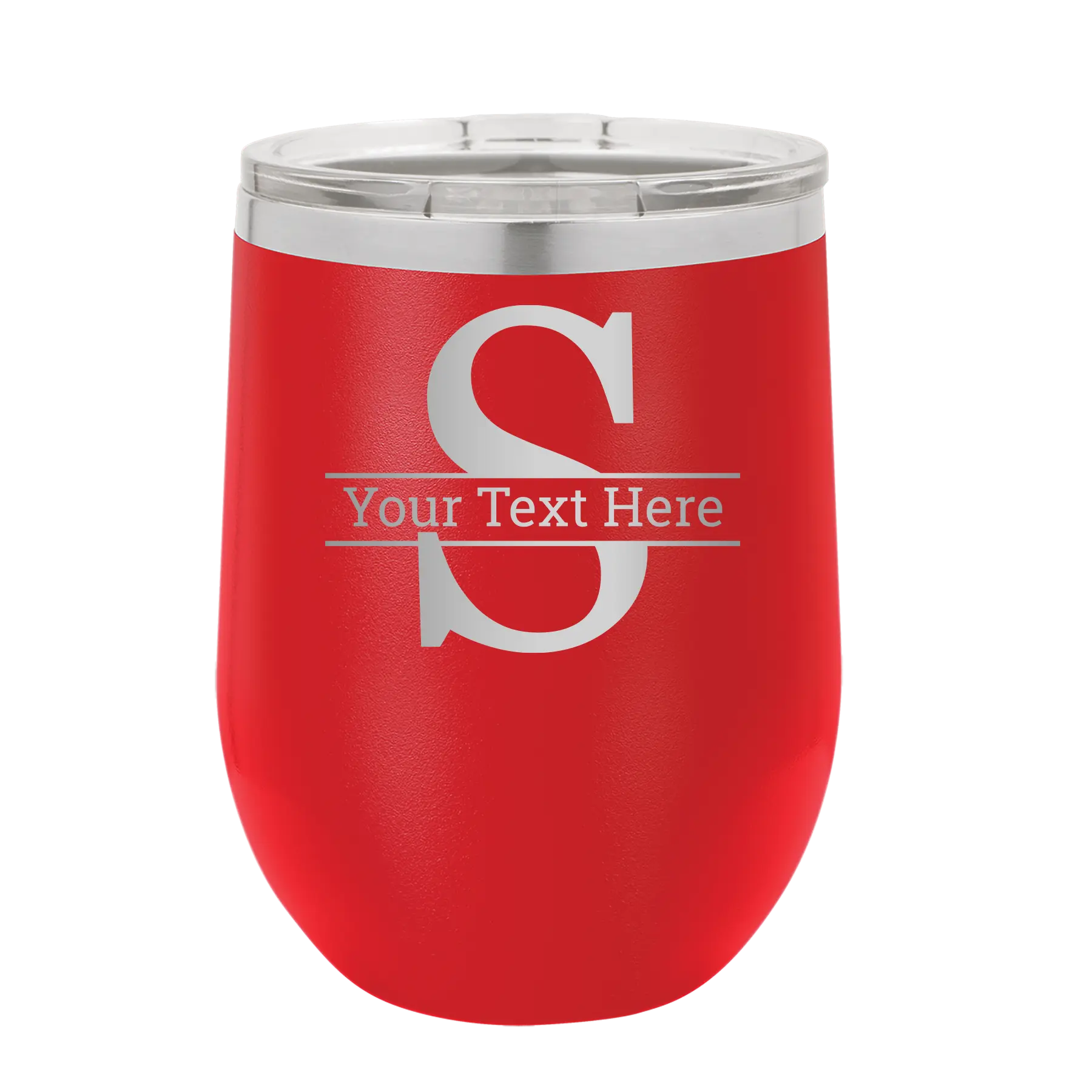 Personalized red 12 oz vacuum insulated wine cup with 'Monogram letter S' design