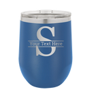 Personalized royal blue 12 oz vacuum insulated wine cup with 'Monogram letter S' design