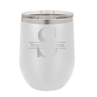 Personalized white 12 oz vacuum insulated wine cup with 'Monogram letter S' design