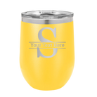 Personalized yellow 12 oz vacuum insulated wine cup with 'Monogram letter S' design