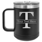 Personalized black 15 oz vacuum insulated coffee mug with 'Monogram letter T' design