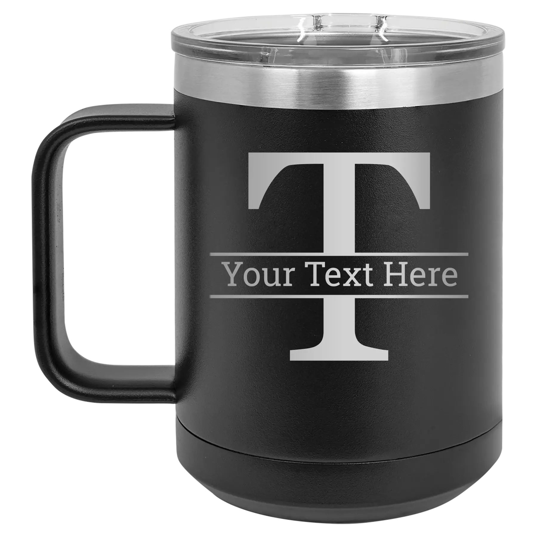 Personalized black 15 oz vacuum insulated coffee mug with 'Monogram letter T' design