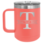 Personalized coral 15 oz vacuum insulated coffee mug with 'Monogram letter T' design