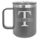 Personalized dark gray 15 oz vacuum insulated coffee mug with 'Monogram letter T' design
