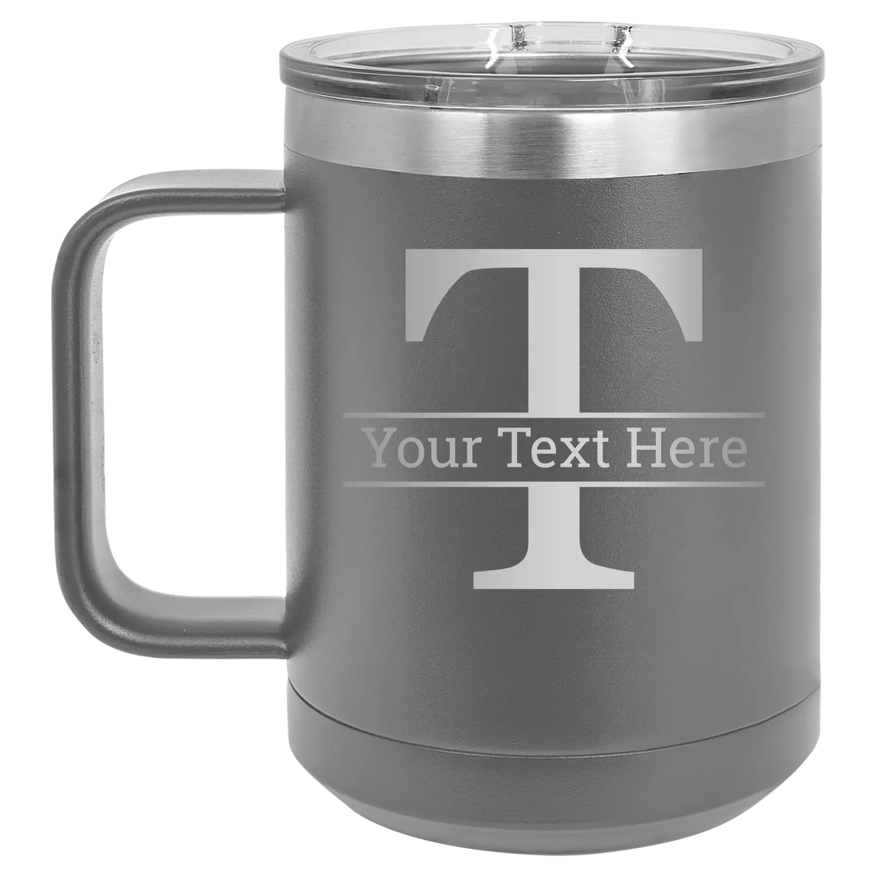 Personalized dark gray 15 oz vacuum insulated coffee mug with 'Monogram letter T' design
