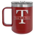 Personalized maroon 15 oz vacuum insulated coffee mug with 'Monogram letter T' design