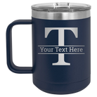 Personalized navy 15 oz vacuum insulated coffee mug with 'Monogram letter T' design