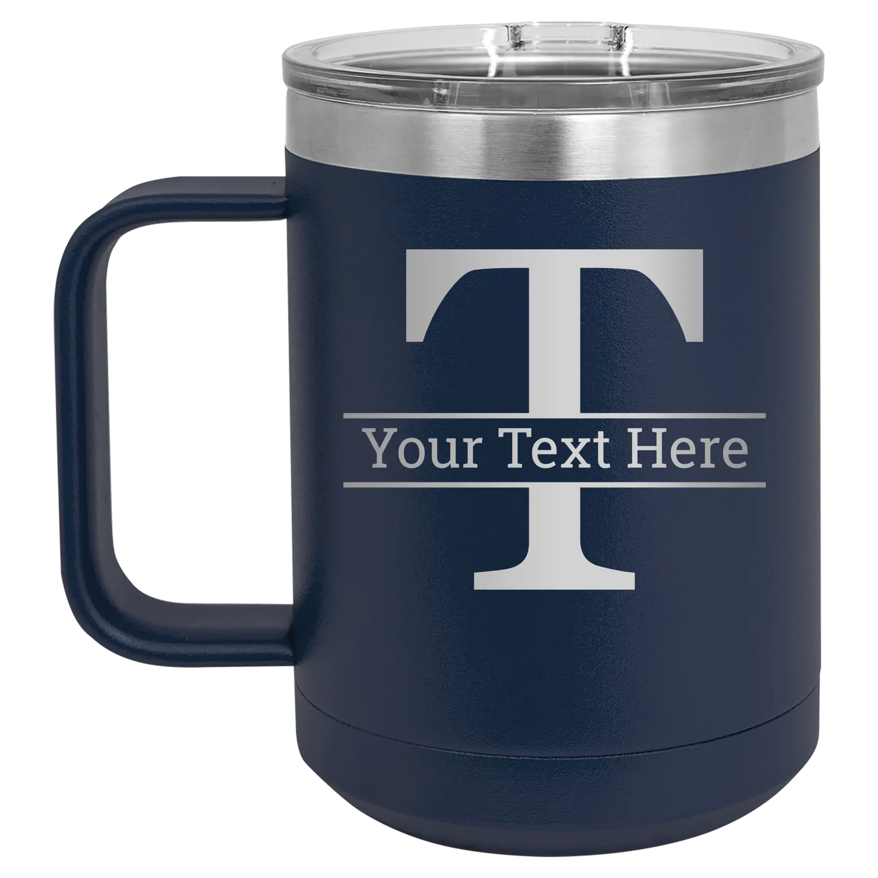 Personalized navy 15 oz vacuum insulated coffee mug with 'Monogram letter T' design