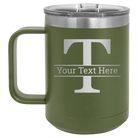 Personalized olive green 15 oz vacuum insulated coffee mug with 'Monogram letter T' design