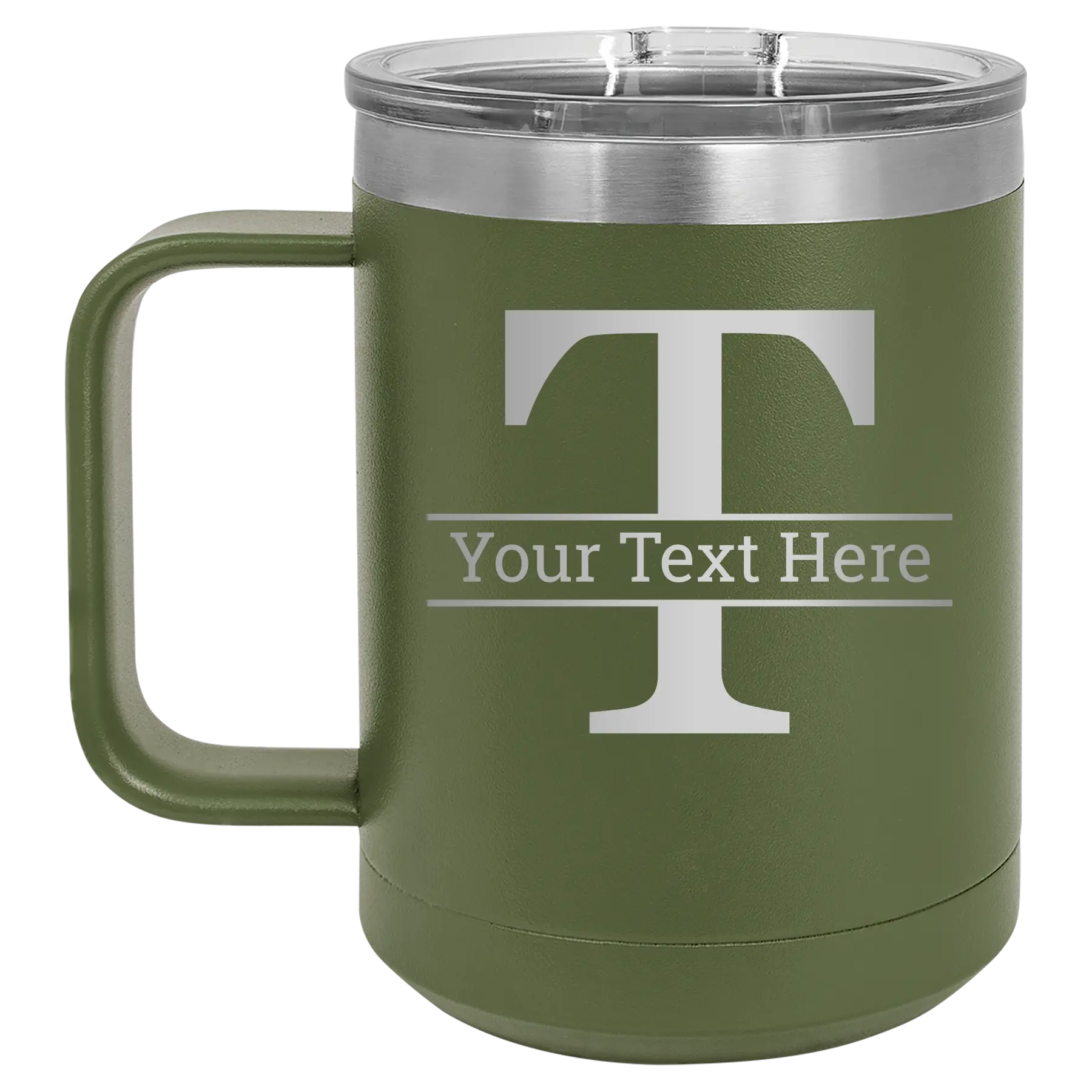Personalized olive green 15 oz vacuum insulated coffee mug with 'Monogram letter T' design