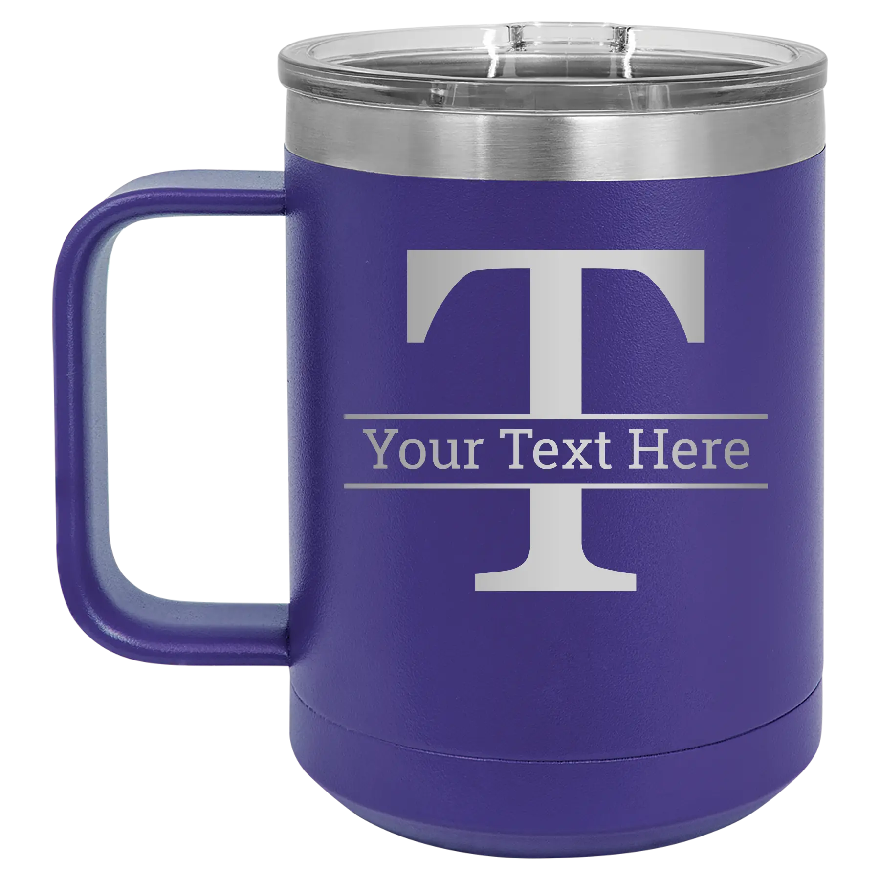 Personalized purple 15 oz vacuum insulated coffee mug with 'Monogram letter T' design