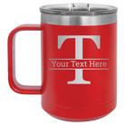 Personalized red 15 oz vacuum insulated coffee mug with 'Monogram letter T' design