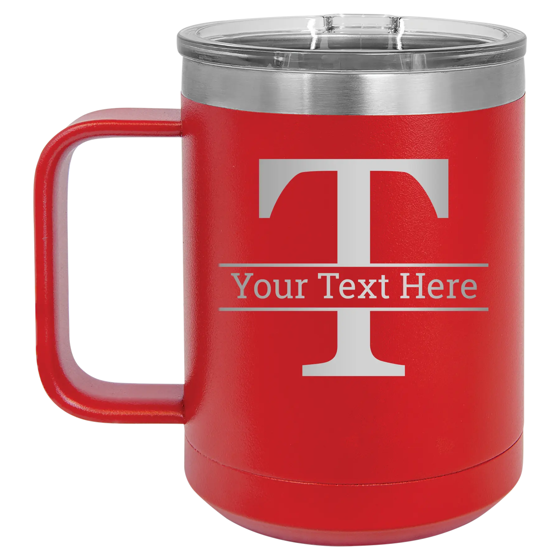 Personalized red 15 oz vacuum insulated coffee mug with 'Monogram letter T' design