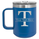 Personalized royal blue 15 oz vacuum insulated coffee mug with 'Monogram letter T' design