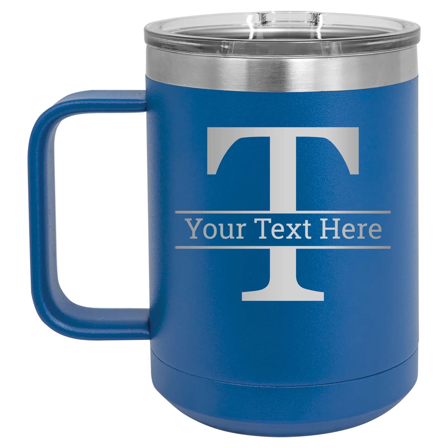 Personalized royal blue 15 oz vacuum insulated coffee mug with 'Monogram letter T' design