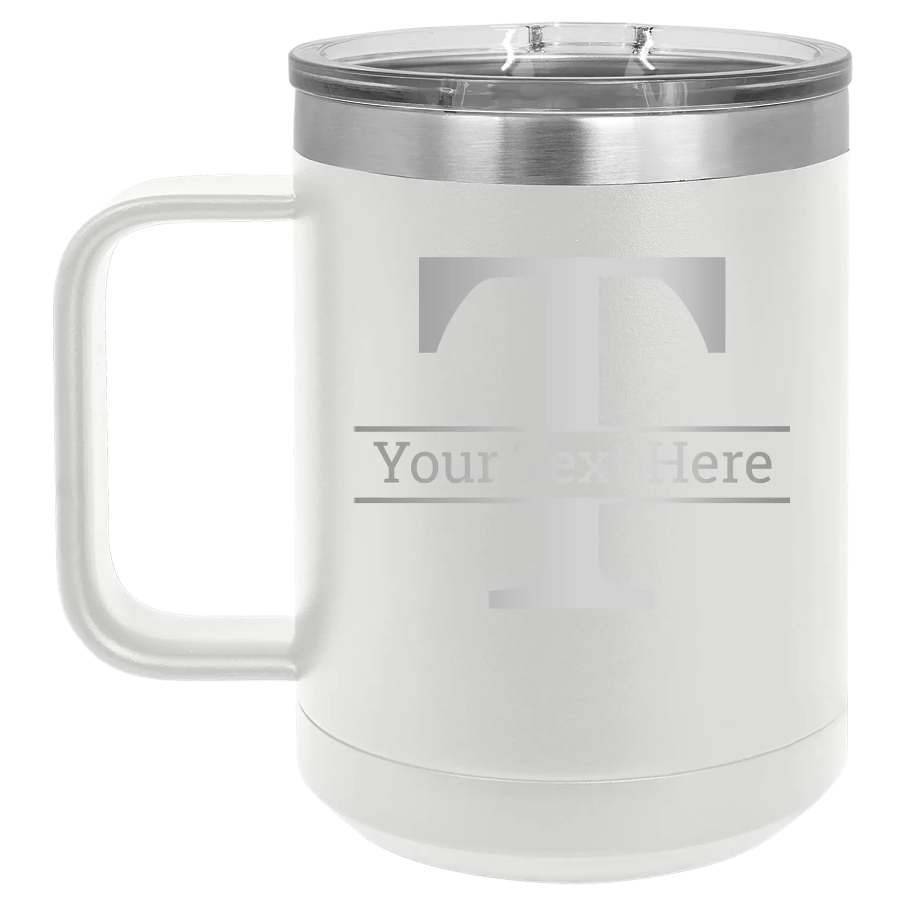 Personalized white 15 oz vacuum insulated coffee mug with 'Monogram letter T' design