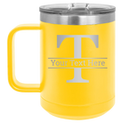 Personalized yellow 15 oz vacuum insulated coffee mug with 'Monogram letter T' design