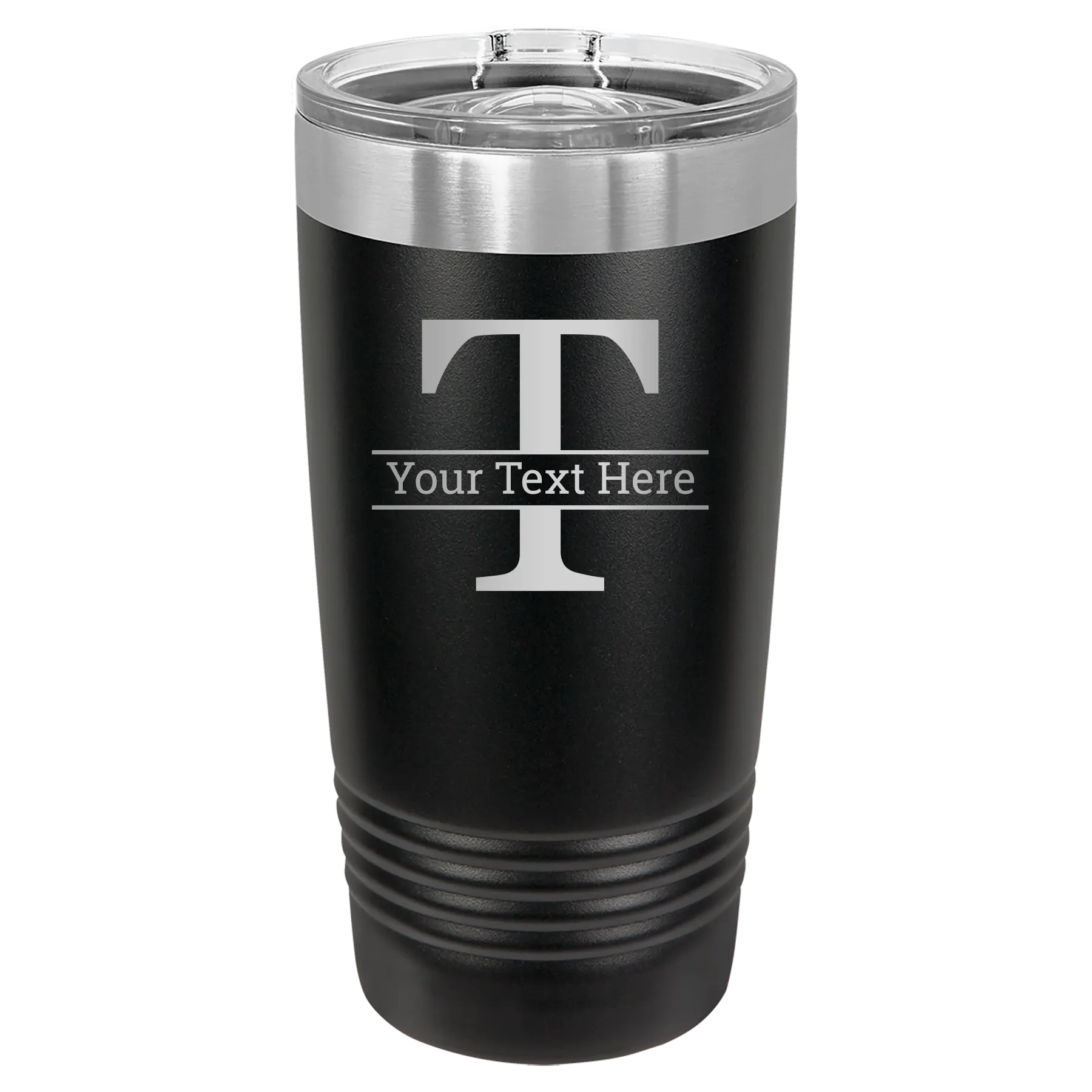 Personalized black 20 oz vacuum insulated tumbler with 'Monogram letter T' design