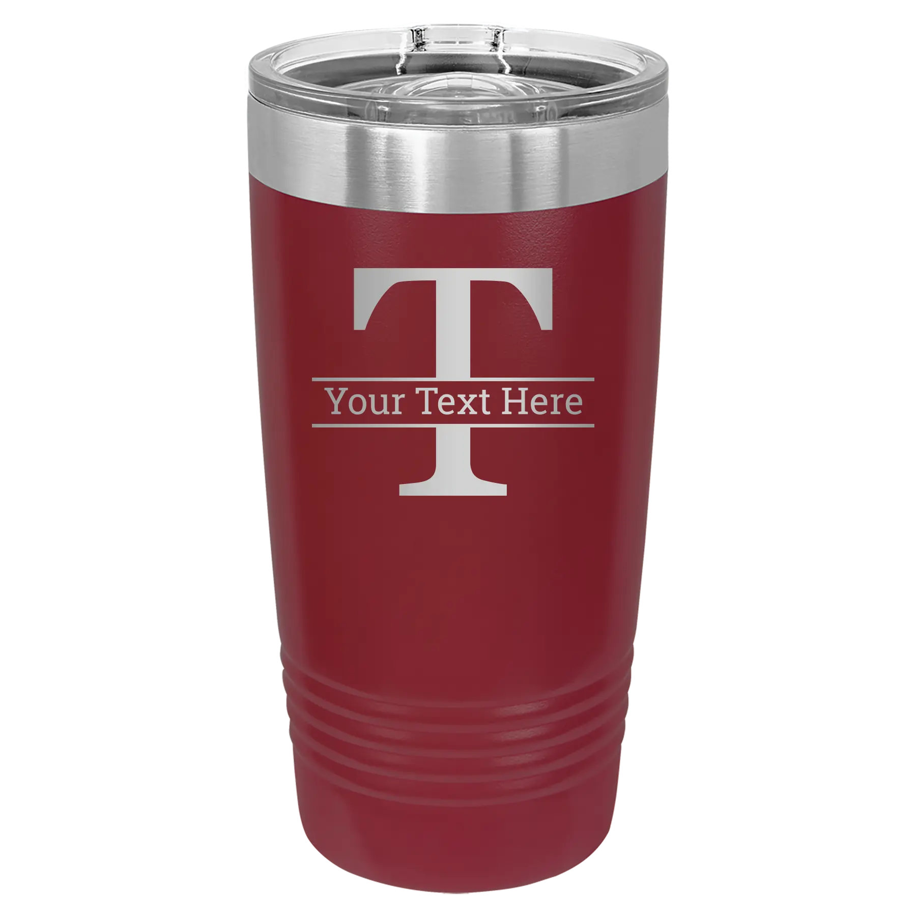 Personalized maroon 20 oz vacuum insulated tumbler with 'Monogram letter T' design